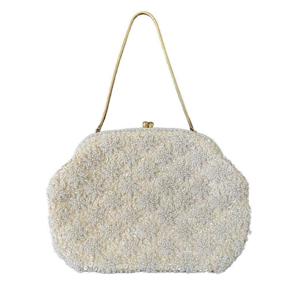 Antique Intricately Beaded Ivory Evening Clutch